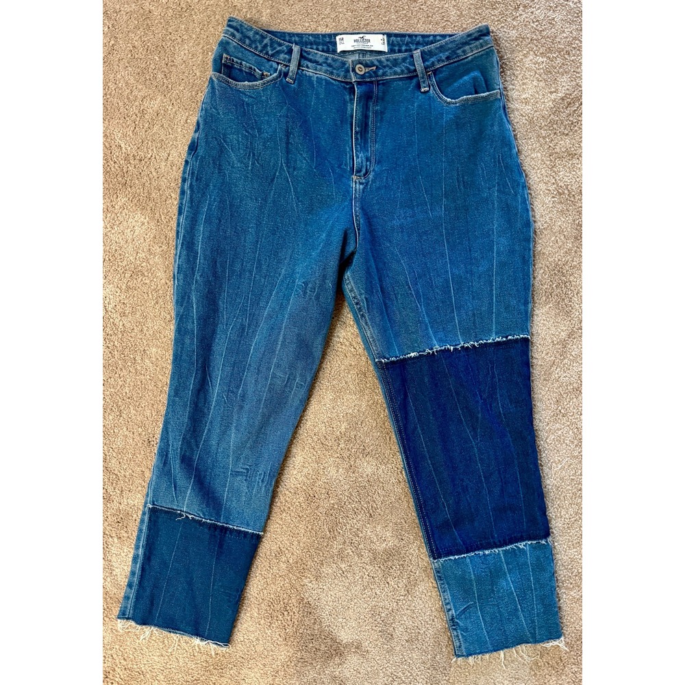 Hollister Curvy High‎ Rise Mom Jean Patchwork Blue Denim Size 15R 32x27